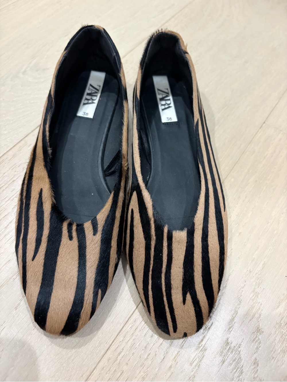 Zara Brown and Black Zebra-Pattern Ballet Flats size 6